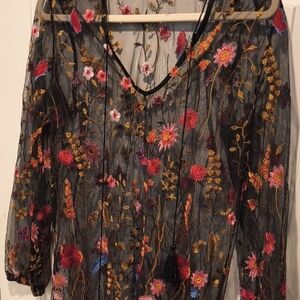 Embroidered Sheer Black Floral Blouse with Long Sleeves